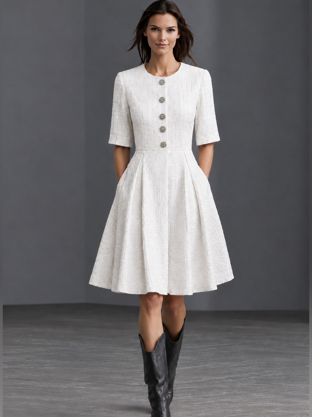 New Just Me Tweed White Rhinestone Buttons Boutique Sample Dress Small